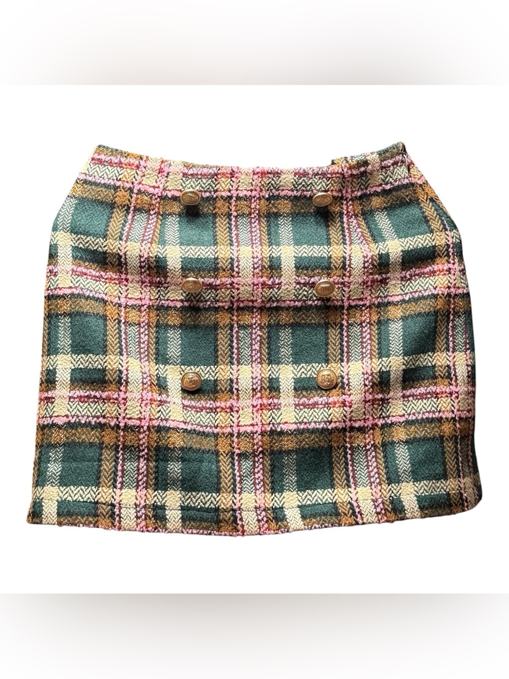Fate Plaid Mini Skirt Size M Green Pink Gold Button Academia Preppy